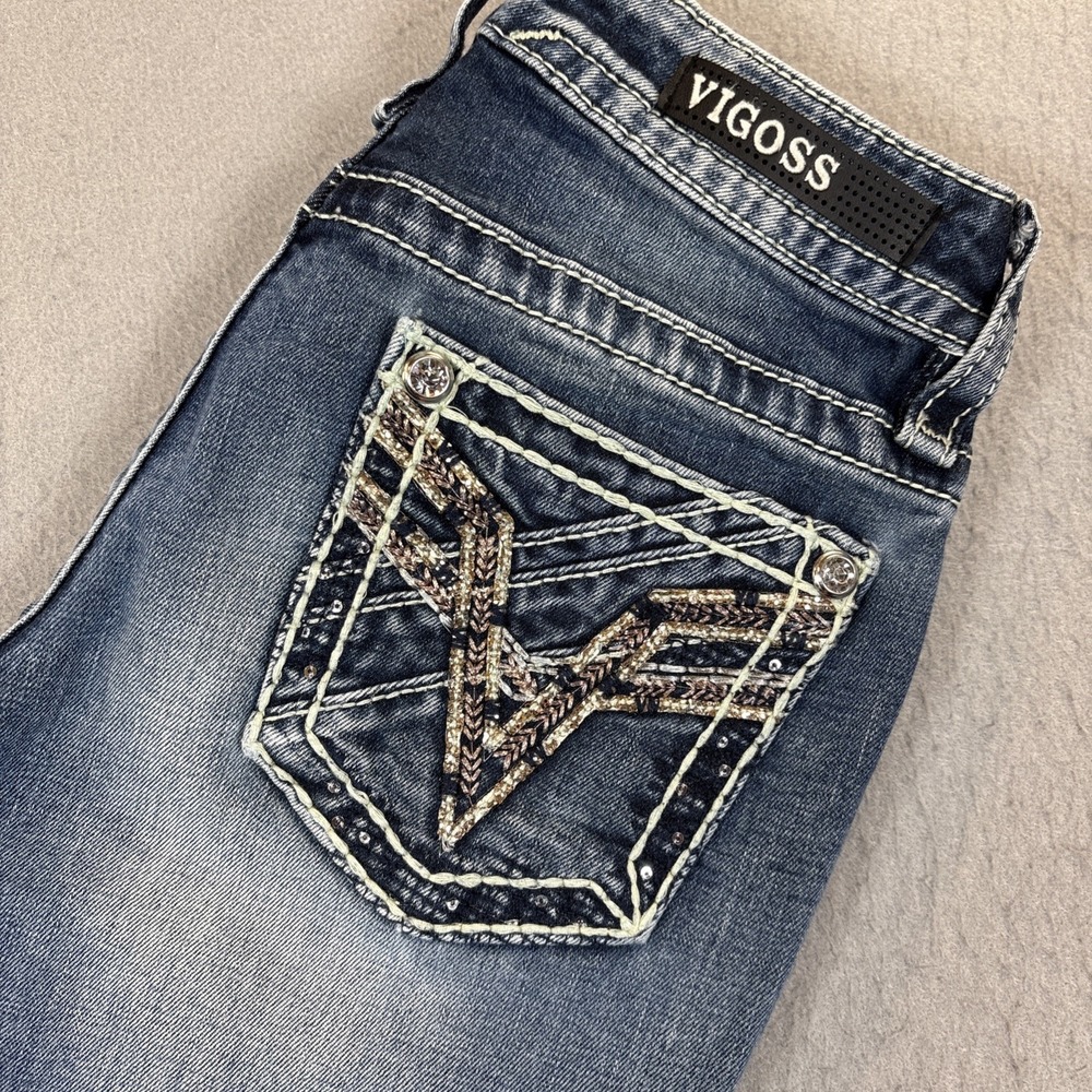 Vigoss Capri Jeans Womens Blue Denim Heritage Fit Size 0 L21 Embroidered Logo